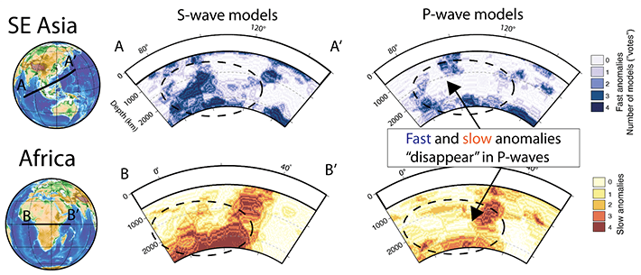 Figure 3 Disappearing plates: a planetary magic trick Subducting ocean plates seen in cold, sinking (top) and warm, rising (bottom) mantle rock produce a consistent seismic signal in S-wave models, but this consistent signal disappears when comparing P-wave models. Some iron-bearing minerals are more compressible during the crossover which effects their compressible (P-wave) velocity, but not their shear (S-wave) velocity. Since P-wave models are consistent at the top and bottom of the mantle, this disappearing act appears confined to the mid-mantle where the iron spin crossover is predicted to occur. Credit: Grace Shephard