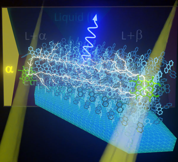 Figure 1 Image of photon upconversion using a developed crystal through triplet-triplet annihilation The sensitizer molecules (green) absorb low energy photons (long-wavelength light) and become excited into triplet states. These triplet states are then transferred to nearby annihilator molecules (blue), which then pass them around throughout the crystalline array of the annihilator. If two traveling triplet states meet at a single annihilator molecule, the combined excess energy produces a higher energy photon (shorter wavelength light). Image credits: Yoichi Murakami from Tokyo Tech