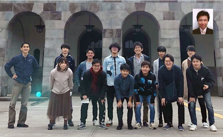 On-campus members of IEEE MAT-Sat Challenge team, advisers Hiraku Sakamoto (far left) and Kenichi Okada (insert)