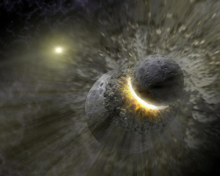 Figure 1 Artist concept illustrates two celestial bodies crashing into each other This artist's concept illustrates two celestial bodies crashing into each other, creating a disc of mostly melted, partially vaporised rock that eventually became the moon. Credit: NASA/JPL-Caltech