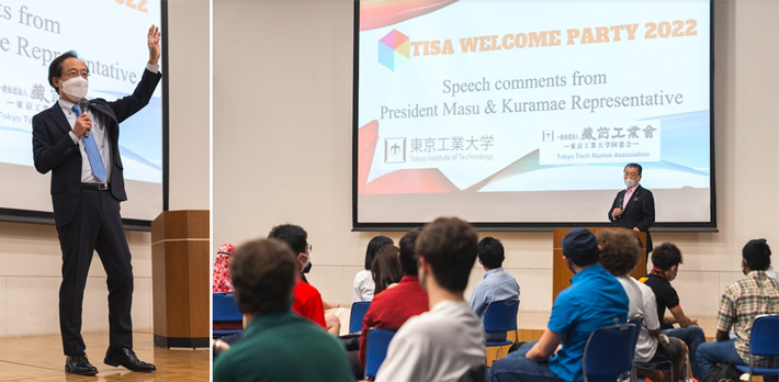 Greeting from Tokyo Tech President Masu (left), warm words from alumni association President Ido