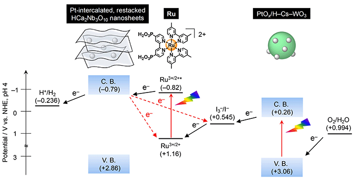 Figure 1 The developed Z-scheme water splitting system The oxygen evolution catalyst efficiently reduces the concentration of the I3- ions and changes to the hydrogen evolution catalyst prevent electron back transfers (dotted red lines) and prioritize electron transfer to produce hydrogen (solid black lines)
