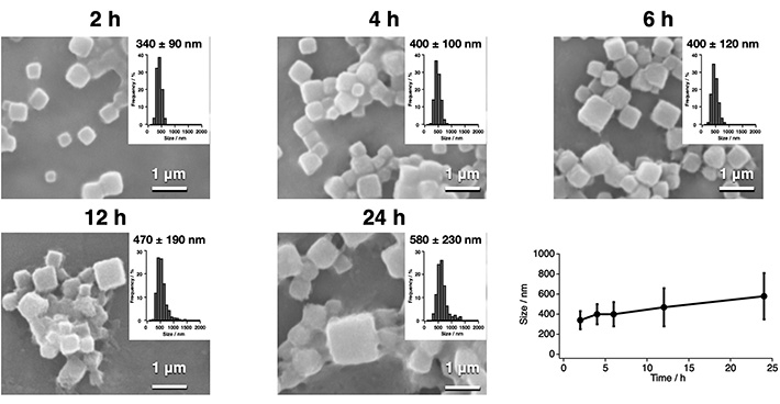 Figure 2 Monitoring particle growth of PhCs at different stages in the CFPC process Scanning electron microscopy images and size distribution histograms of polyhedra crystals (PhCs) show various points in the time-dependent CFPC process.