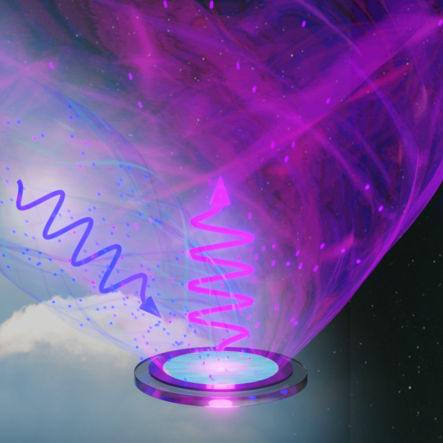 Low-intensity visible blue light or lower energy photons being converted into higher energy UV photons using a solid film formed on a round glass substrate, developed by researchers at Tokyo Tec