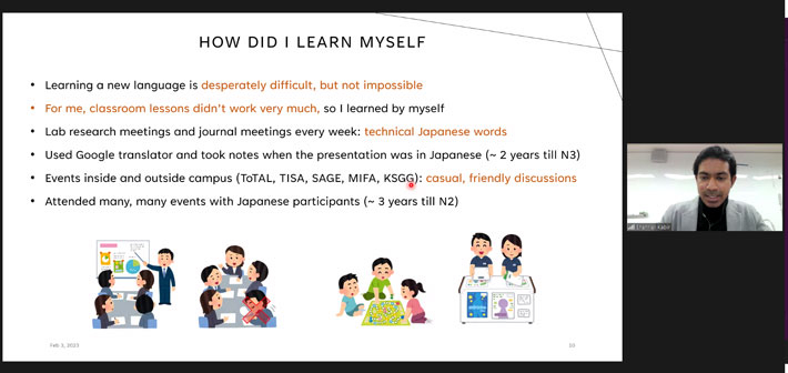 Kabir Shahriar, 3rd-year doctoral student in Electrical and Electronic Engineering, speaking about ways to study Japanese