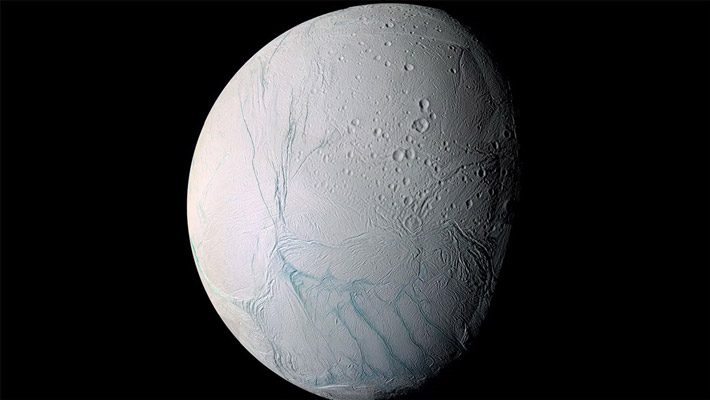 During a 2005 flyby, NASA's Cassini spacecraft took high-resolution images of Enceladus that were combined into this mosaic, which shows the long fissures at the moon's south pole that allow water from the subsurface ocean to escape into space. Credits: NASA/JPL-Caltech/Space Science Institute