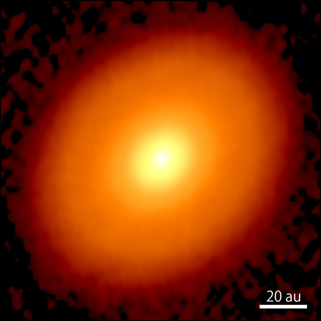 Figure 1 An image of the radio wave strength at a wavelength of 1.3 mm of the disk around the star DG Taurus, observed with ALMA. Unlike older protostellar disks, ring-like structures have not yet formed, suggesting that the disk is at the stage just before planet formation. Credit: ALMA (ESO/NAOJ/NRAO), S. Ohashi et al.