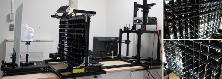 Figure 1. The entire configuration of the system (left) : from left to right, the projection target, mirror-lens array, projector for projection mapping, and projector for illumination. A close-up of the mirror-lens array.  This configuration reflects rays emerging from the lens array, leading to an increased ray density (right).