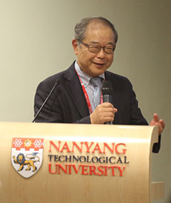 Tokyo Tech Professor Okazaki describing progress in hydrogen energy research