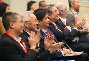 NTU Chief of Staff and Vice President (Research) Lam (third from left) and Tokyo Tech President Mishima (fourth from left) among the captivated audience at the joint workshop