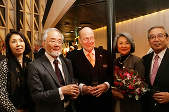From right: Mishima, Nobel Attaché Kaj Reinius and his wife, Ohsumi with Ms. Yoko Hara, his secretary