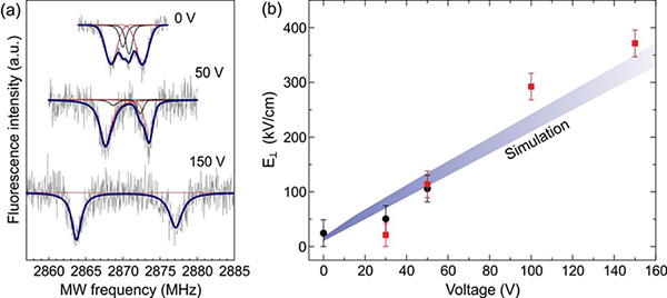 a: Optically detected magnetic resonance (ODMR) spectra of the NV center for various bias voltages V. b: The local electric field; experimentally and theoretically obtained values are in good agreement.