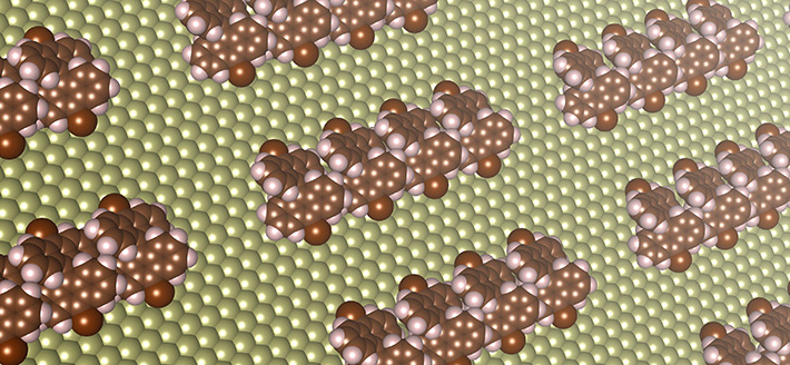 Formation of chain-shaped structures on a copper surface from molecular self-assembly, as predicted by a new computational method. These chain-shaped structures can function as tiny wires with diameters 1/100,000th of a piece of hair for future electrical devices.