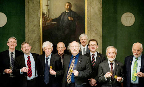 Nobel laureates 2016 at the Nobel Foundation From left: Jean-Pierre Sauvage, J. Michael Kosterlitz, David J. Thouless, Oliver Hart, F. Duncan M. Haldane, Bengt Holmström, Bernard L. Feringa, Yoshinori Ohsumi, and Sir J. Fraser Stoddart © Nobel Media AB 2016. Photo: Pi Alexander Mahmoud