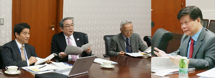 (from left) Tokyo Tech's Vice President Naoto Ohtake, President Mishima, Vice President Tetsuya Mizumoto, NTU's Vice President Lam
