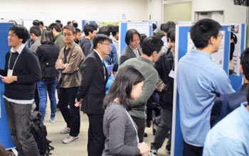 Poster sessions (left) and Dean Wada in discussion with students