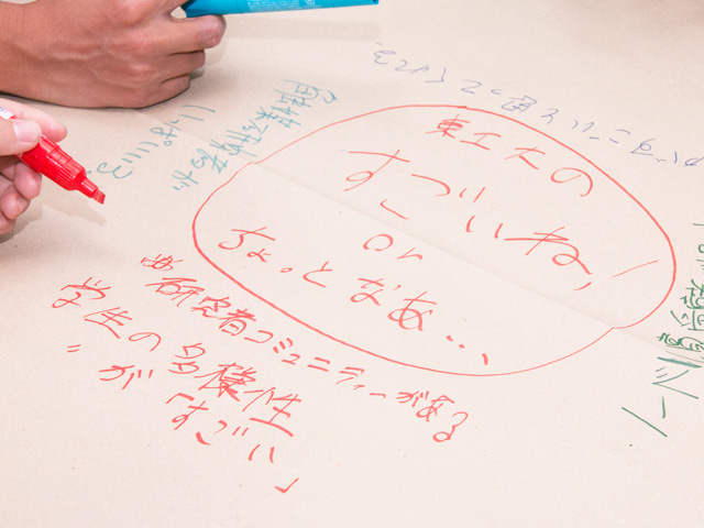 Round cardboard tables used to share thoughts openly