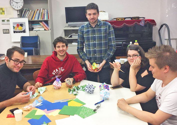 Working on kusudama, a spherical Japanese ornament