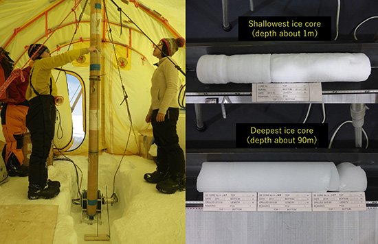 The researchers in the drilling operation (left) and the drilled samples (right).