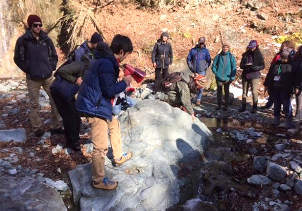 Studying the geology near the Kannawa Fault. Photo courtesy of Tomohiro Mochizuki.