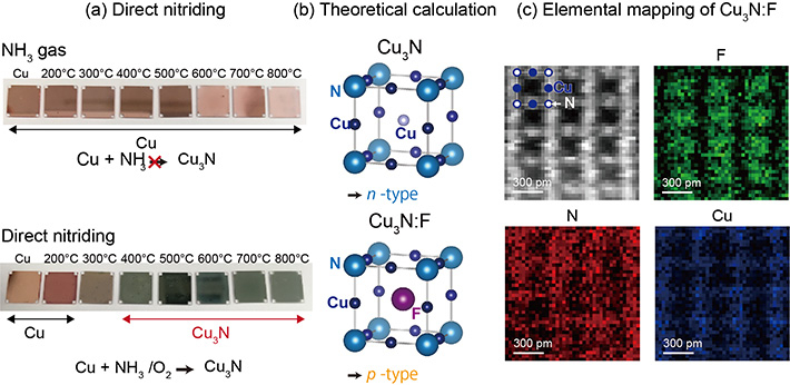 Figure (a) Copper and Copper Nitride. (b) Theoretical Calculation for P-type and N-type Copper Nitride. (c) Direct Observation of Fluorine Position in Fluorine-doped Copper Nitride.