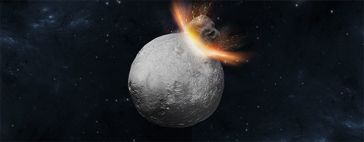 Artist's concept of a massive 'hit-and-run' collision hitting Asteroid Vesta