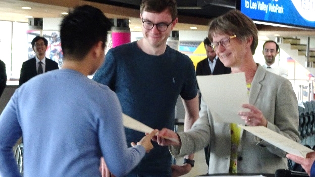 Director of Imperial College London's Graduate School, Professor Sue Gibson (right), awarding certificate of completion