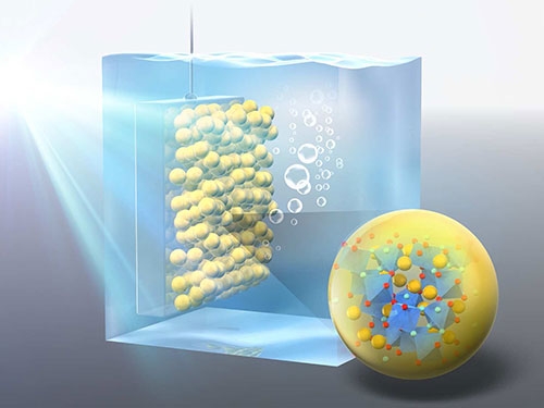 Schematic illustration of photoelectrochemical water splitting on Pb2Ti2O5.4F1.2 electrode. Appeared in the journal as the graphical abstract.