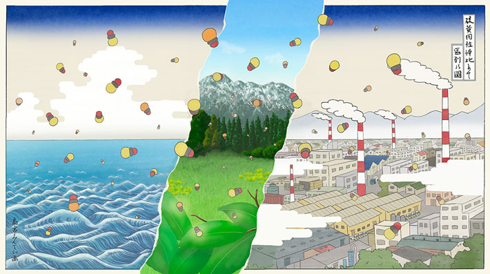 Image: A conceptual Japanese-style artwork depicting the sources and sinks of carbonyl sulfide