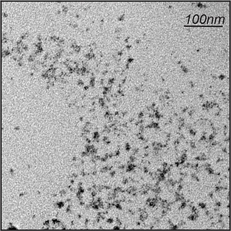 Figure 1. Transmission Emission Microscope image of ZnS/hyperbranched polymer particles. The micrograph shows uniform nanoparticles under 10 nm in diameter. Credit: Tony Z. Jia, ELSI