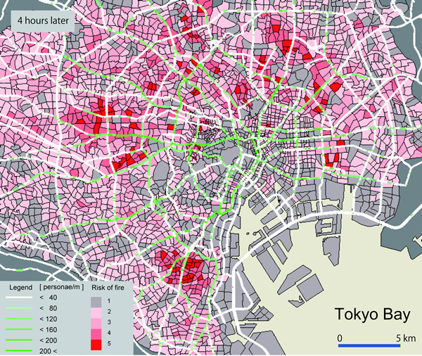 Risk of fire and spatiotemporal distribution of stranded people after the earthquake.