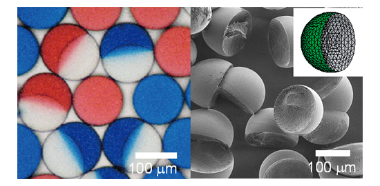 Janus emulsion droplets (left) and polymerized nonspherical particles (right)