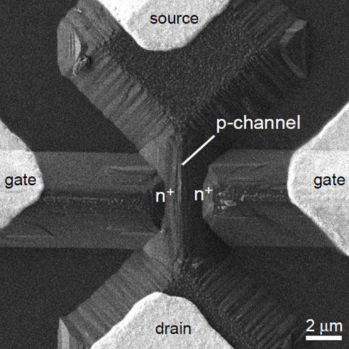SEM image of diamond JFET with a channel width of 0.5 μm.The center of the image is the p-channel. The inclined regions next to the p-channel are selectively grown n+-type diamonds continuous to the gate electrodes.