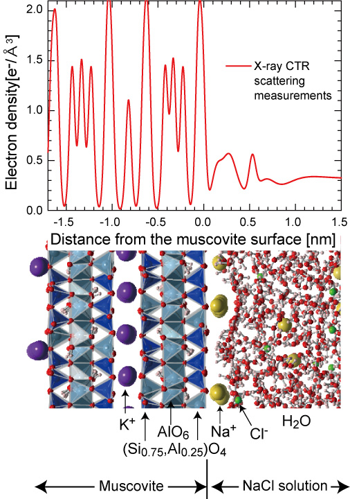 Electron density profile of muscovite (mica) / NaCl solution interface measured by the X-ray CTR scattering method.