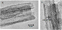 a) HRTEM images of the protonated titanate nanotubes. b) Enlarged HRTEM image of a).