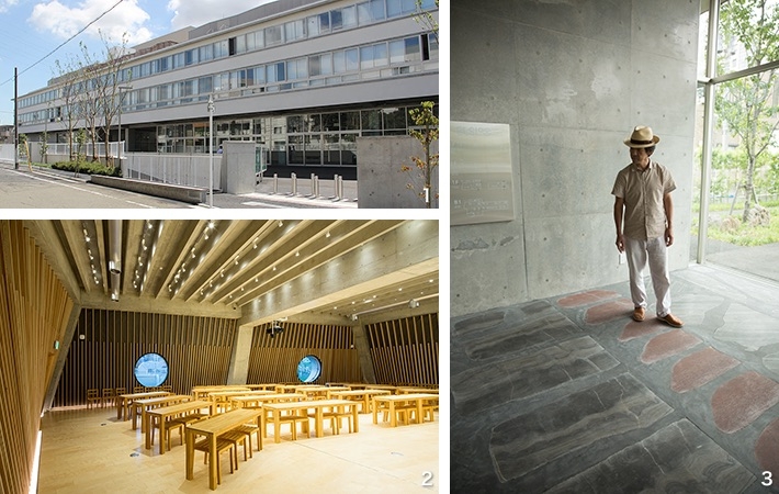 ELSI Building, first-floor hall and sliced ore at entrance from lab