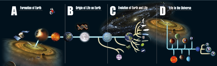 Life exists on Earth because of its unique environment. ELSI researchers work to (A) determine the structure of the Earth, (B) identify the kind of life that first appeared and when its birth took place, and (C) investigate how those early life forms evolved, through multiple perspectives and procedures. Then, by applying those discoveries on genetic information of primitive life forms, they aim to further explore (D) "whether life would arise in environments entirely different from Earth."