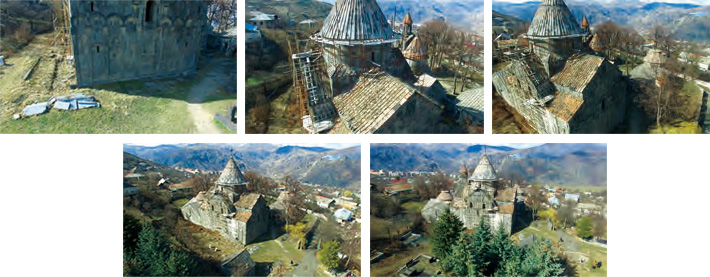 Drone photography of Sanahin Monastery. They show the top parts of the building, which cannot be seen from the ground, as well as the building in its surroundings.