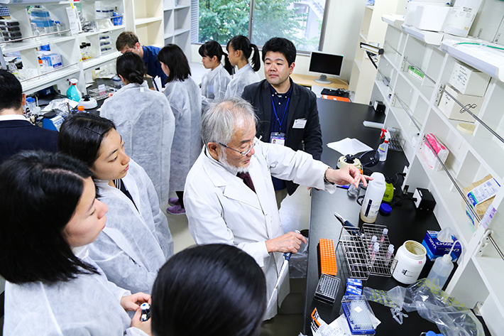 At Ohsumi laboratory on Suzukakedai Campus, students observed autophagy under a microscope and relived the excitement of Nobel Prize discovery.