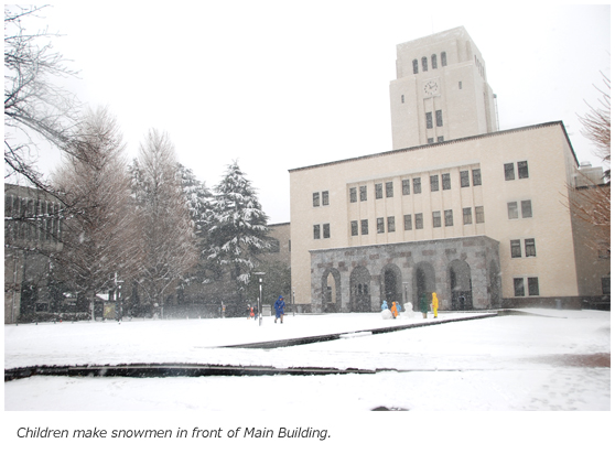 Children make snowmen in front of Main Building.