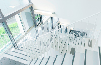 Multi-floor stairwell inside the Genso Cube