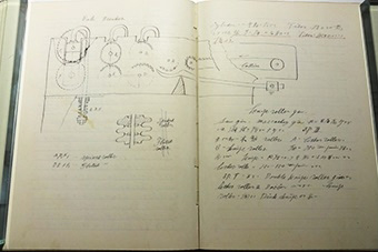 Drawing of spinning machine manufactured by Platt Brothers & Co Ltd, UK, which a student may have copied from the blackboard (left), Niki's timeless collection (right)