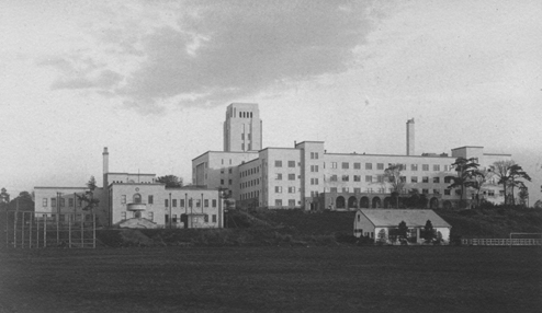 View from sports field in 1935 West Building 1 on the left and the Main Building on the right