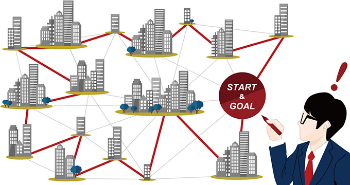 The travelling salesman problem is a well-known example used to illustrate combinatorial optimization problems. It asks the shortest possible route to visit a list of cities and return to the origin. This problem has broad applications, including determination of the shortest route in land and air travel.