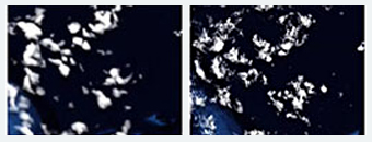 Cloud-resolving model: 5 km-horizontal resolution on the left,
500 m-horizontal resolution on the right