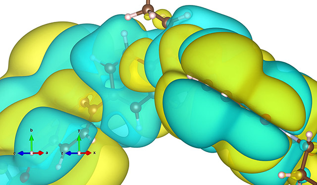 Electron wavefunction distribution in a molecule (shown as isosurface)