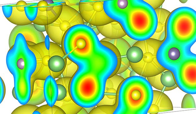 Potential energy landscape (shown as isosurface) in which Li ions move in a solid-state battery electrolyte