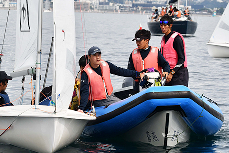 A motor-powered support boat