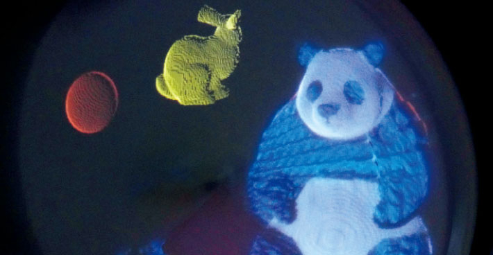 A 3D display made more realistic by using the physical materials to be reproduced as the screen and rotating it. By using real yarn to show a panda made of yarn, for example, it improves both the 3D rendering and the texture reproduction.