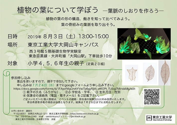 科学教室「植物の葉について学ぼう ―葉脈のしおりを作ろう―」ポスター